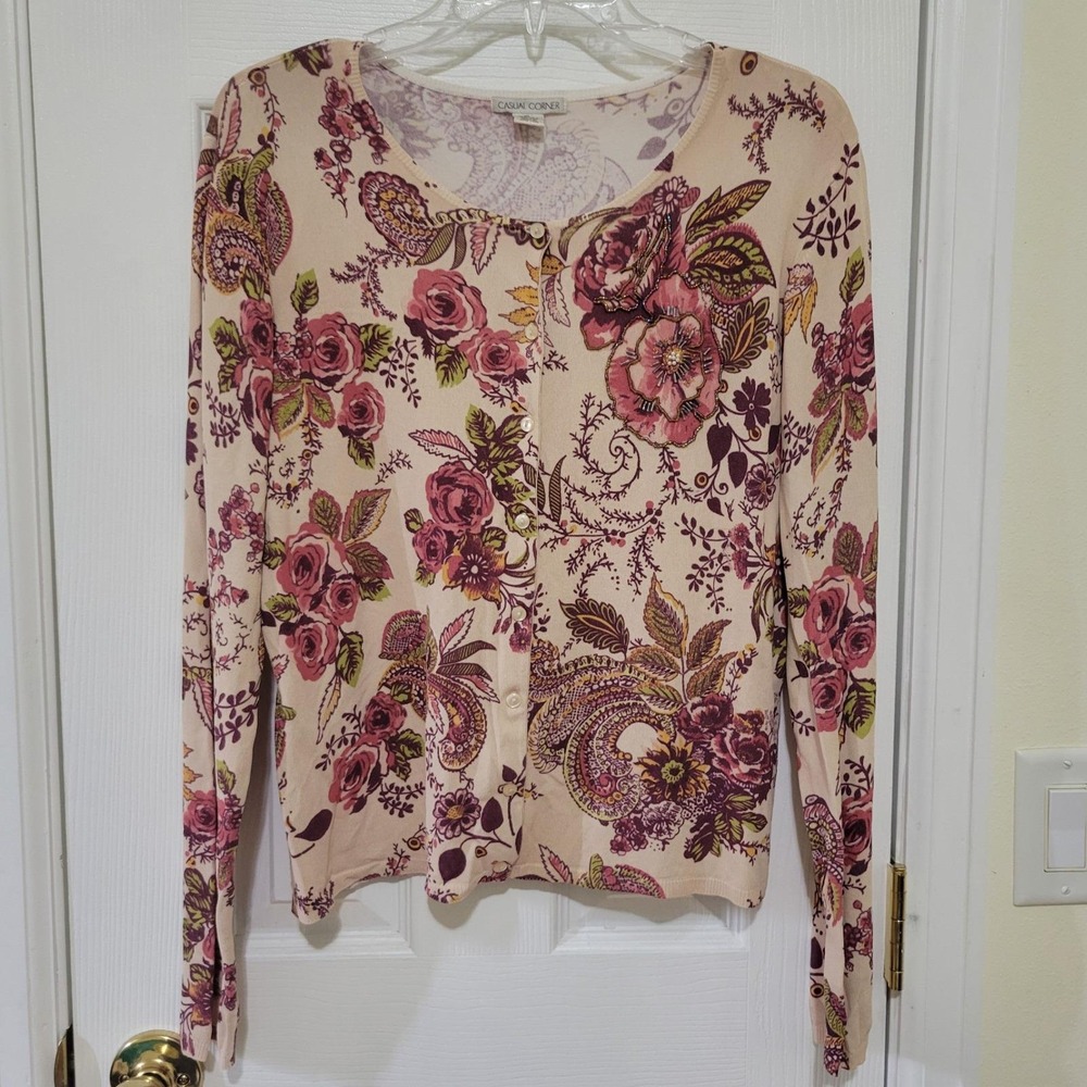 Casual Corner Floral Paisley Beaded Cardigan Sweater Pink Purple XL